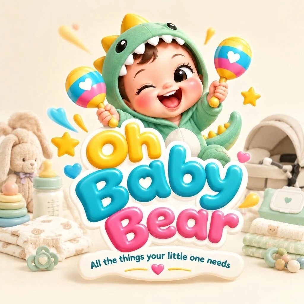 OhBabyBear: a happy baby in a dinosaur hoodie holding rattles, with the tagline all the things your little one needs