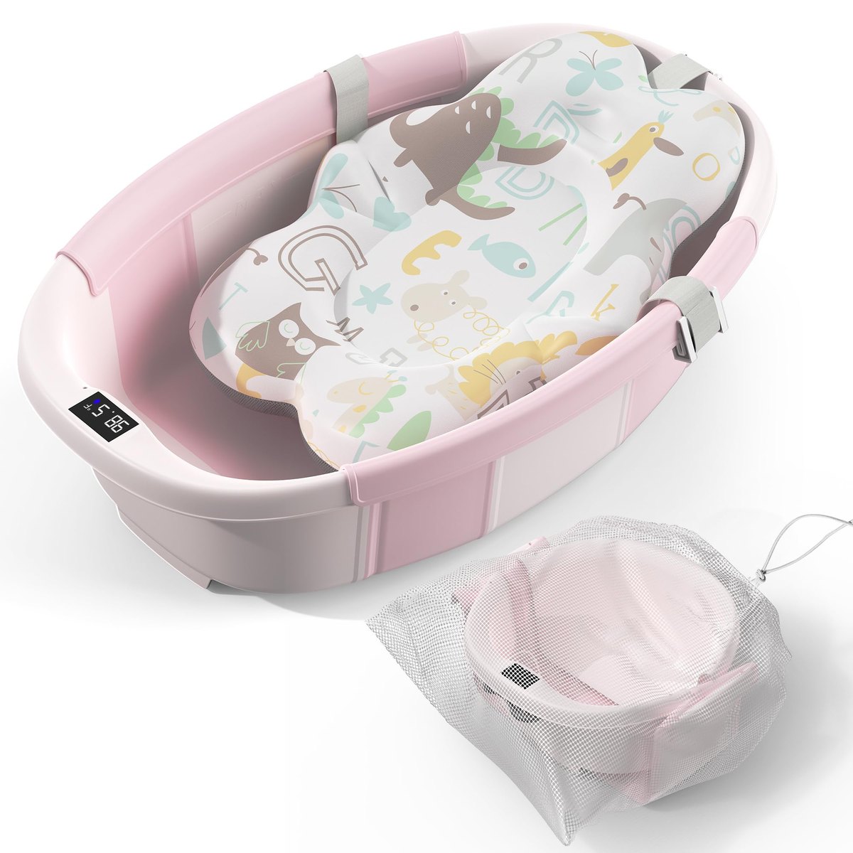 Collapsible Baby Bathtub Large Baby Bath Tub with Thermometer, pink – bath-time accessory