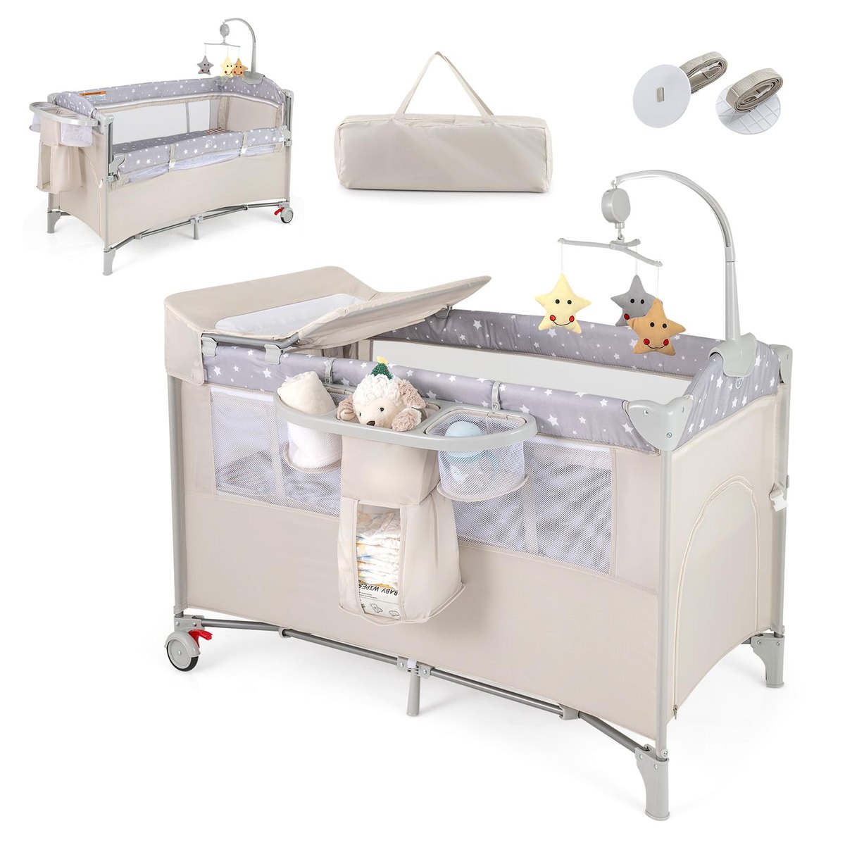 GYMAX 5 in 1 Folding Travel Cot, beige – travel cot