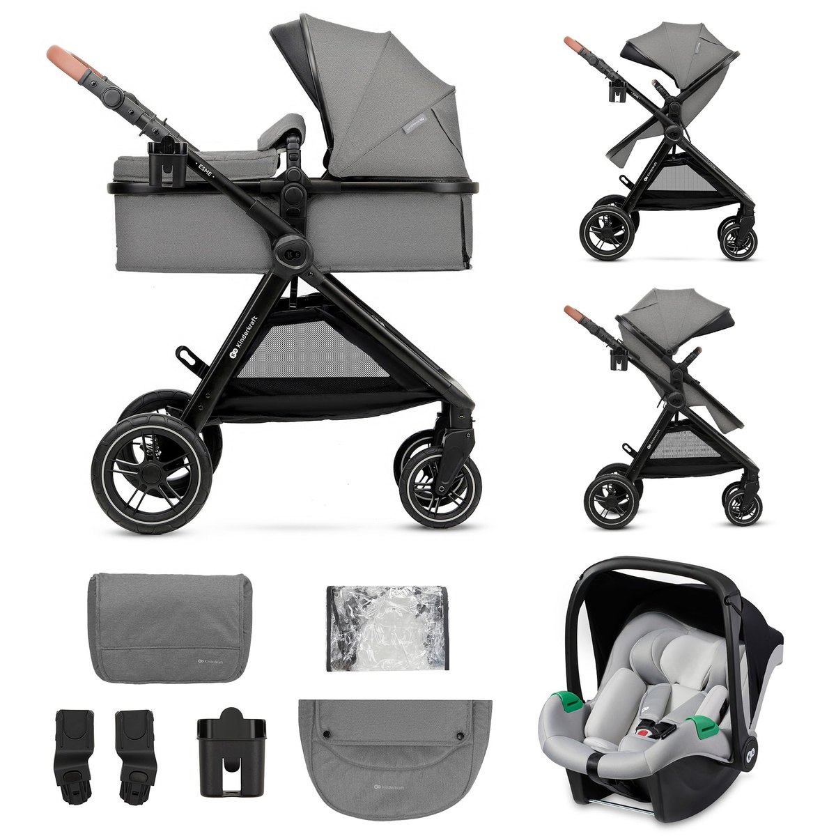 Kinderkraft ESME 3-in-1 Travel System with Mink PRO I-Size Car, grey – travel system