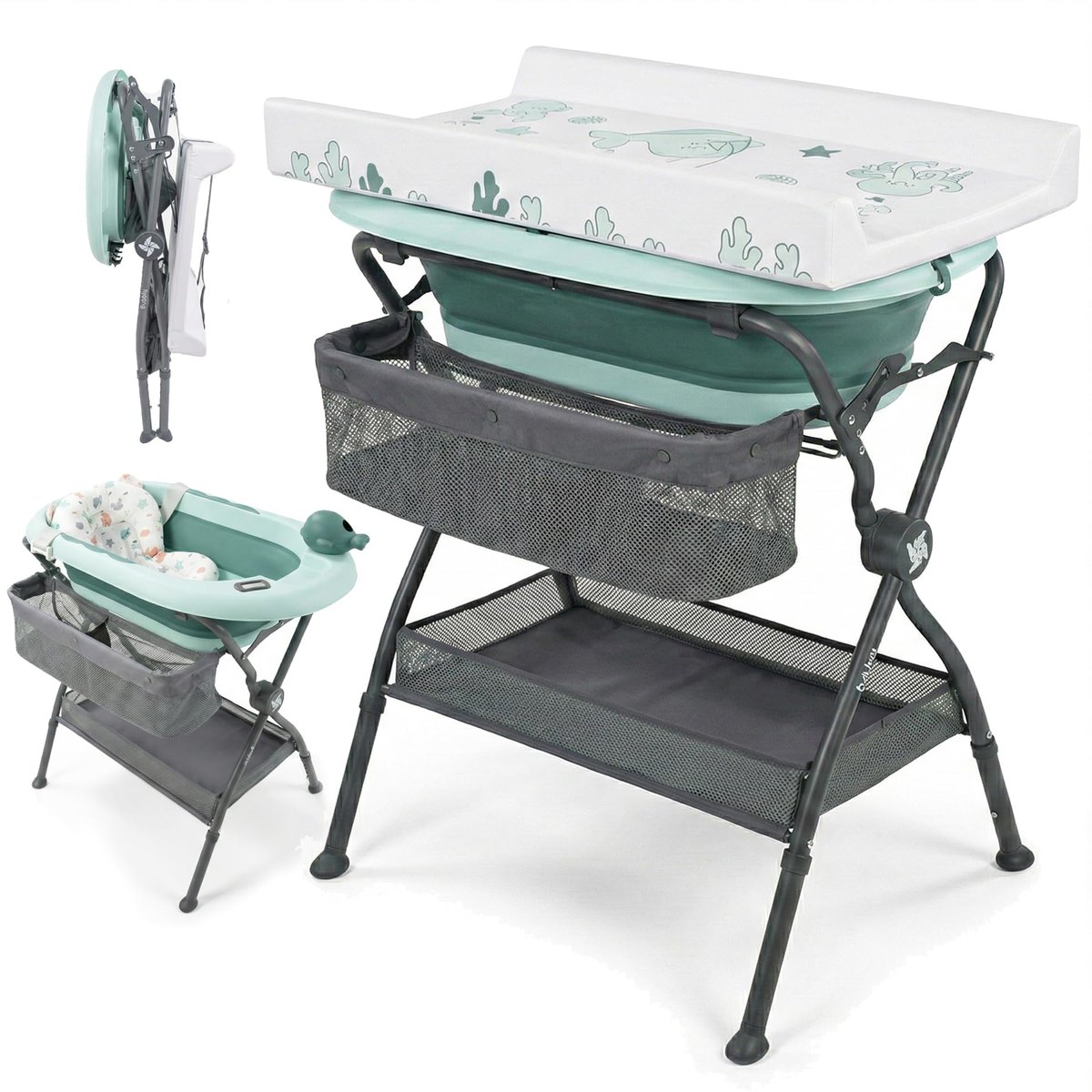 Twinly Baby Bath with Stand and Changing Table 2-in-1, green – baby bath tub